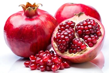 A close-up of a red pomegranate cut open, revealing its juicy seeds. A whole pomegranate sits beside it, with several seeds scattered on the white background.