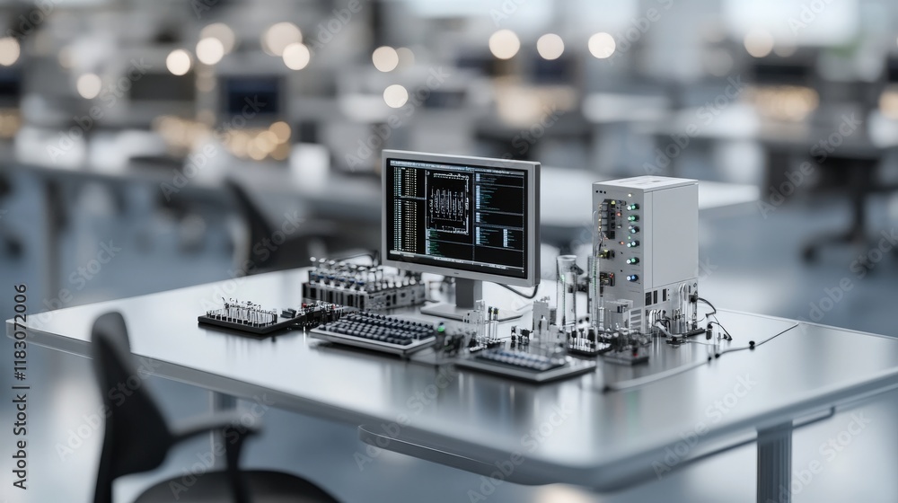 Poster Advanced Laboratory Setup with High-Tech Instruments on a Desk, Showcasing Innovative Research Equipment in a Modern Workspace Environment