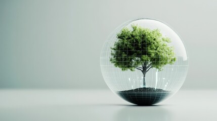 A Lush Green Tree Encased in a Transparent Sphere Symbolizing Sustainability, Growth, and Environmental Protection in a Minimalist Setting
