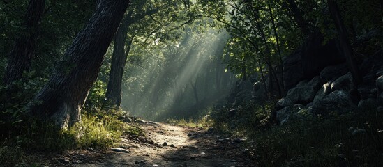 Sunbeams illuminate a forest path winding through lush green foliage and rocks.