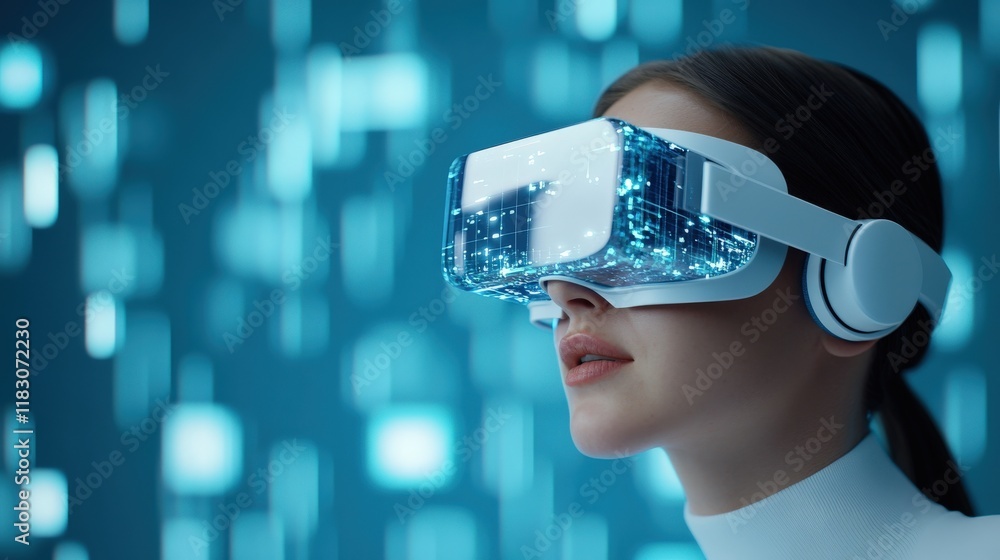 Aufkleber futuristic woman wearing advanced virtual reality headset with digital data visualization in a high-