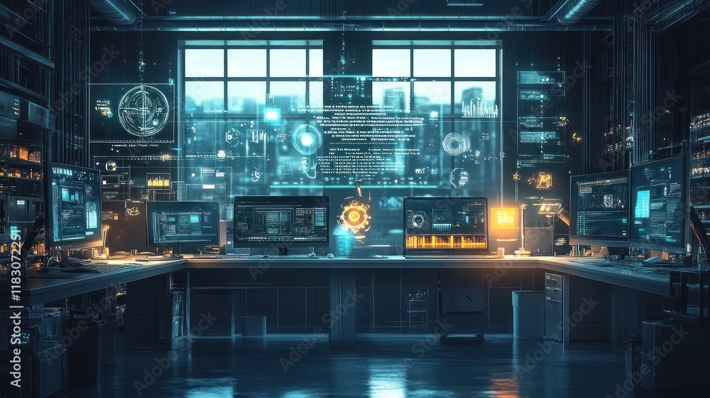 Poster futuristic tech control room with holographic displays and multiple computer workstations.