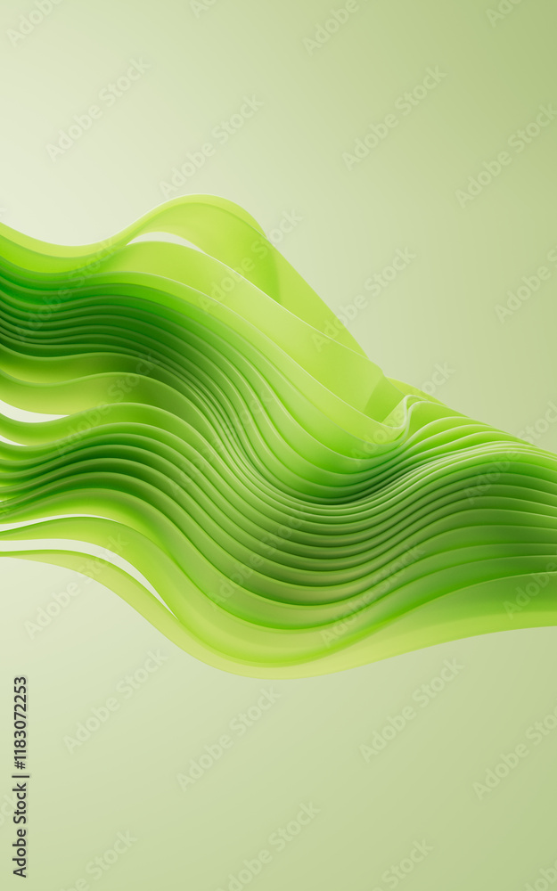 Poster flowing gradient green curve ribbons background, 3d rendering.