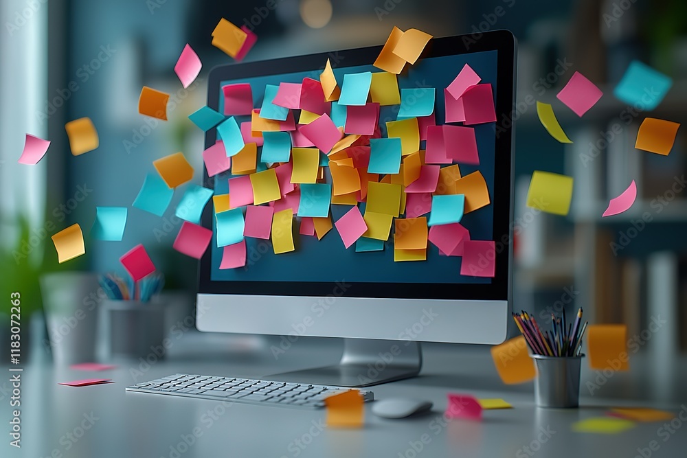 Poster overwhelmed? colorful sticky notes overflowing from a computer screen, symbolizing a busy workday.