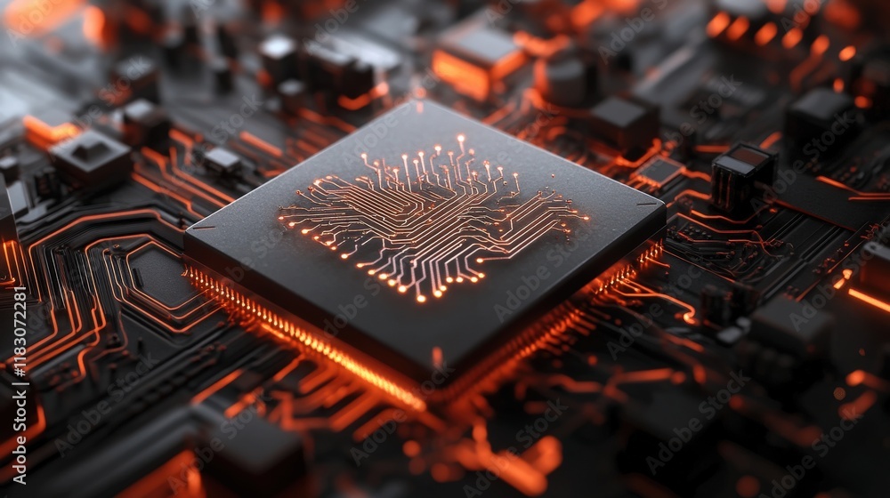 Aufkleber Close-up view of a modern microchip surrounded by intricate electronic circuits glowing with orange light on a dark background, representing technological advancement and innovation.