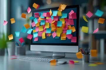 Overwhelmed? Colorful sticky notes overflowing from a computer screen, symbolizing a busy workday.