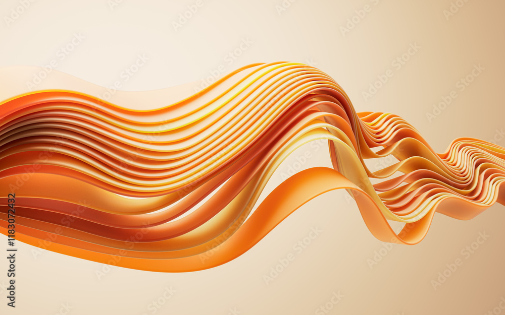Fototapete flowing gradient orange curve ribbons background, 3d rendering.