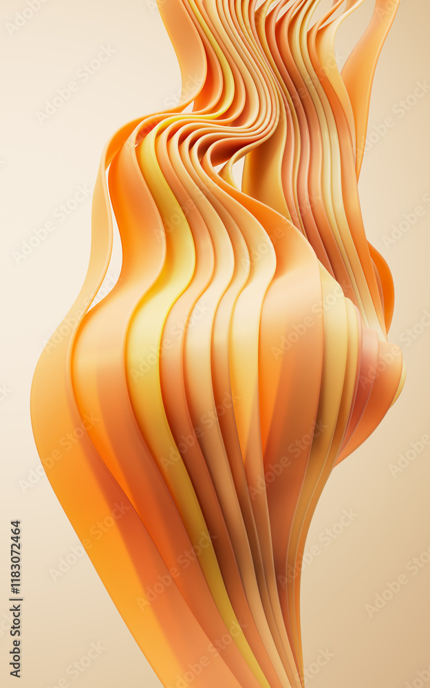 Poster flowing gradient orange curve ribbons background, 3d rendering.