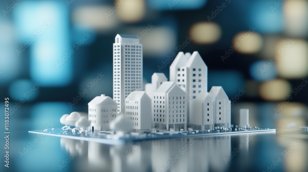 Poster Minimalist Cityscape Model on Glossy Surface with Blurred Background Lights Depicting Urban Architecture and Design Concepts in Modern Style