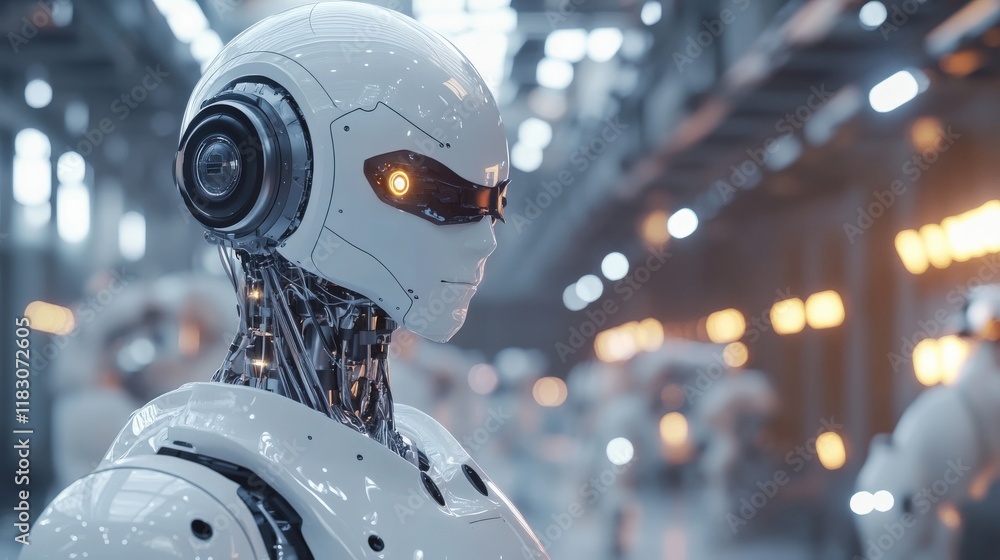 Poster futuristic humanoid robot with sleek design, glowing eyes and intricate wiring, standing in high-tec