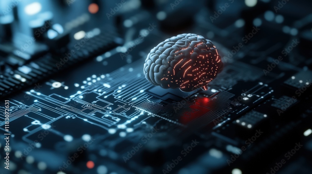 Aufkleber Futuristic Brain Model on Circuit Board Background Symbolizing Artificial Intelligence and Neural Networks in a Technological Environment