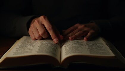 Naklejka premium A close-up of a hand gently pointing at a page in a book under soft lighting.
