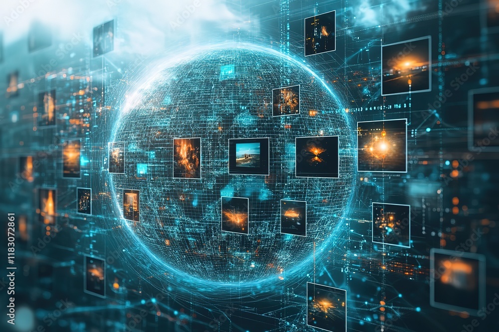 Poster global network of interconnected data and images visualized as a glowing sphere.
