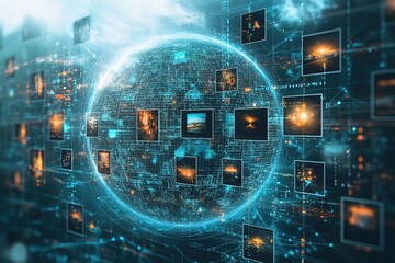 Global network of interconnected data and images visualized as a glowing sphere.