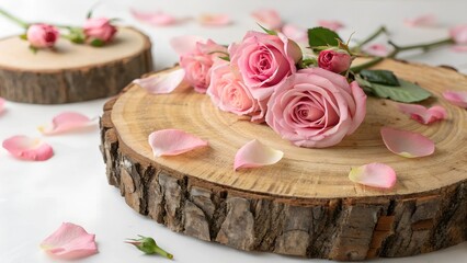 Rustic wood slice mockup surface with pink roses, rose petals, and simple background
