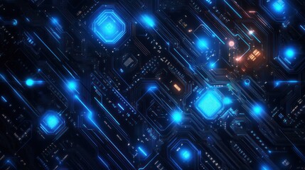Fototapeta premium Abstract digital circuit board glowing blue and orange.