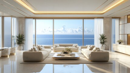 Fototapeta premium Luxury Coastal Living Room with Panoramic Ocean View