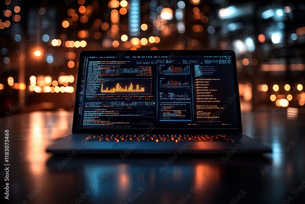 Poster laptop displaying code and data at night. city lights blurred in background.