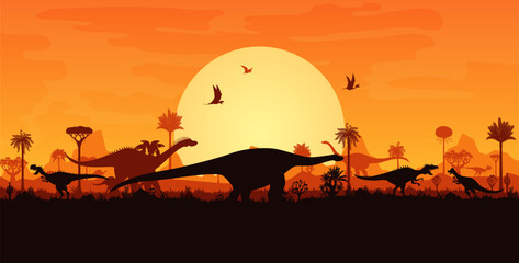 Prehistoric dinosaurs silhouettes at sunset landscape with trees and plants. Vector background with terrain dino species and flying pterosaur shadows in front of the large orange sun in a dusk sky © Vector Tradition