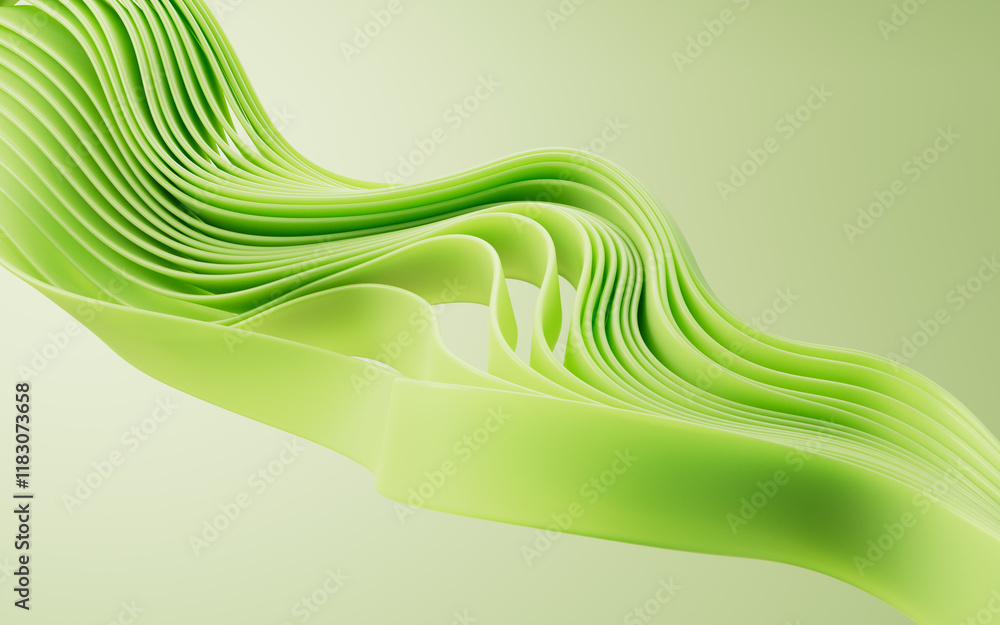 Poster flowing gradient green curve ribbons background, 3d rendering.