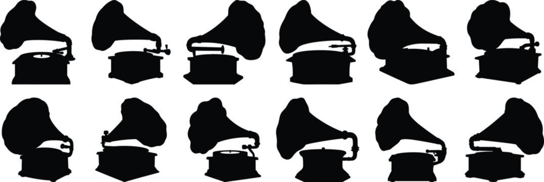 Gramaphone silhouettes set, music pack of vector silhouette design, isolated background