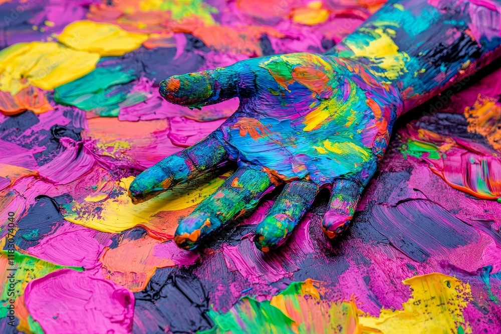 Poster vibrant colorful paint on canvas with artistic hand impression showcasing creativity and expression 