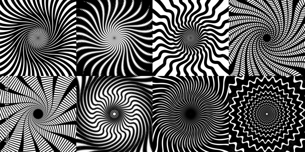 Poster Psychedelic hypnosis swirl, hypnotic spiral patterns. Monochrome vector set of optical illusions with swirling circular shapes, wavy lines or rays. Abstract black and white surreal spiraling effect