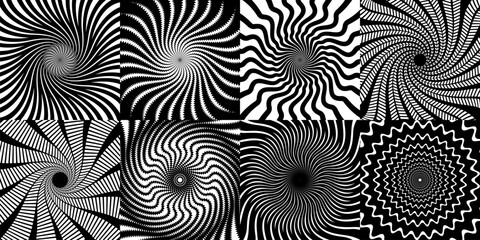 Psychedelic hypnosis swirl, hypnotic spiral patterns. Monochrome vector set of optical illusions with swirling circular shapes, wavy lines or rays. Abstract black and white surreal spiraling effect