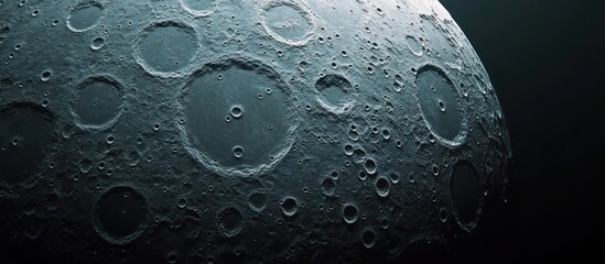 Close-up of a cratered moon surface, dark teal tones.
