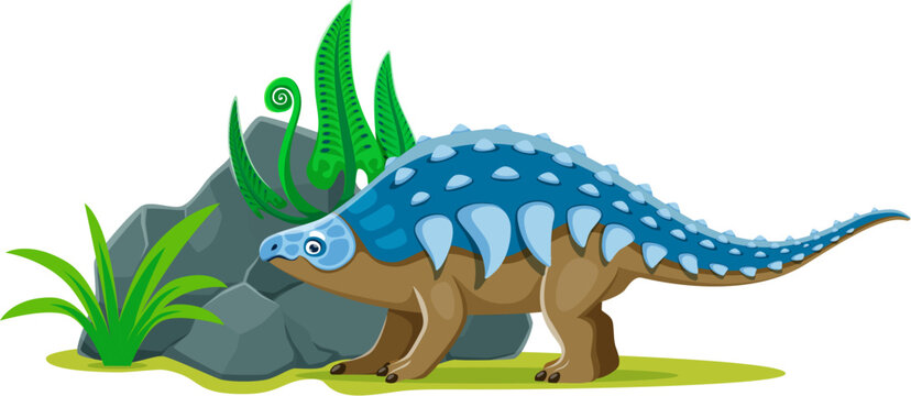 Panoplosaurus cartoon prehistoric dinosaur character. Isolated vector blue and brown well-armored herbivore dino lizard with spikes, standing beside rocks and plants in a prehistoric nature landscape