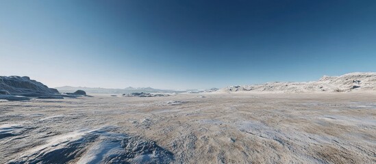 Expansive, desolate, snow-dusted desert landscape under a clear blue sky.