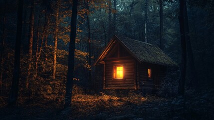 Cozy wooden cabin illuminated by warm light amidst a dark, serene forest at dusk, surrounded by tall trees and subtle autumn colors evoking a peaceful retreat in nature