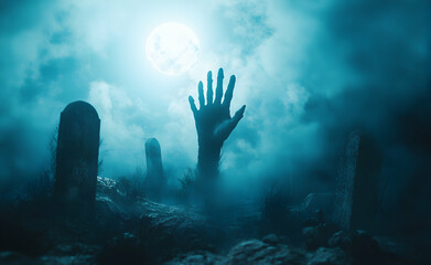 Obraz premium Nightmarish Graveyard Scene: A Zombie Hand Reaches From the Grave Under a Full Moon