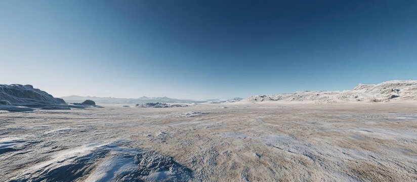 Expansive, desolate, snow-dusted desert landscape under a clear blue sky.