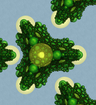 Apolonio Verde.  M&aacute;s de 8000 esferas brillantes en tonos verdes se tocan entre s&iacute; s&oacute;lo en un punto para construir un tetraedro.  La soluci&oacute;n de un antiguo problema convertida en obra de arte.