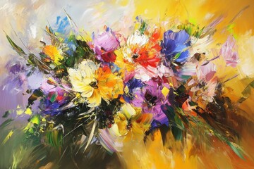 Vibrant Floral Abstract Artwork with Colorful Blossoms and Expressive Brushstrokes, Perfect for Brightening Spaces and Inspiring Creativity