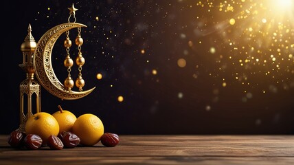 Ramadan moon decor with Islamic rosary and dates fruit.