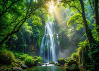 Lush Forest Waterfall: Majestic Trees & Cascading Water - Nature Stock Photo