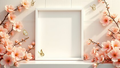 Elegant floral arrangement with a white frame and butterflies, creating a serene atmosphere.