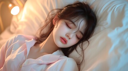 Fototapeta premium Young Asian Woman Sleeping Peacefully in Pastel Colored Pajamas in Minimalist Bedroom with Soft Lighting