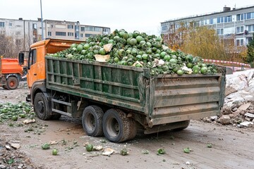 Fototapeta premium Dump truck overflowing with discarded cabbages. Shows food waste disposal or agricultural byproduct removal.