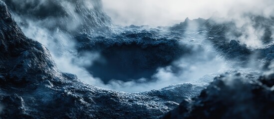 Fototapeta premium Mysterious dark hole in a misty, rocky landscape.