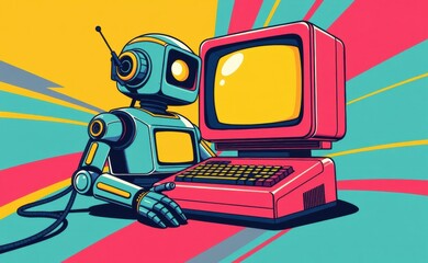 Naklejka premium A retro-styled illustration of a vintage robot standing beside a classic desktop computer, evoking a nostalgic feeling of early computing and artificial intelligence.