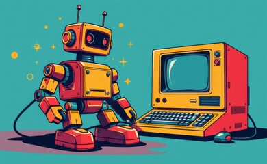Fototapeta premium A retro-styled illustration of a vintage robot standing beside a classic desktop computer, evoking a nostalgic feeling of early computing and artificial intelligence.