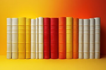 Colorful books arranged in a row against a vibrant background.