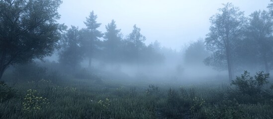 Misty forest scene with dense fog obscuring trees and meadow.