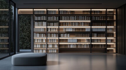 Modern minimalist library interior with large bookshelf, grey ottoman, and glass doors leading to a garden.