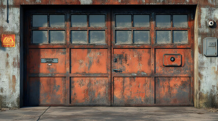 Rusty Garage Door with Windows - 3D Illustration