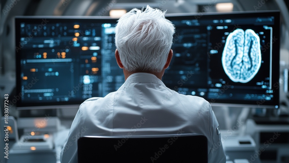 Poster neuroscientist analyzing brain scan data on advanced monitors in modern lab