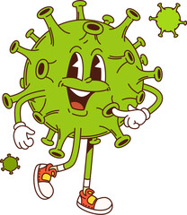 Cartoon virus groovy medicine and health character with cheerful face and hippie sneakers. Vector playful bacteria, germ or coronavirus retro personage walks with happy expression and funky vibe